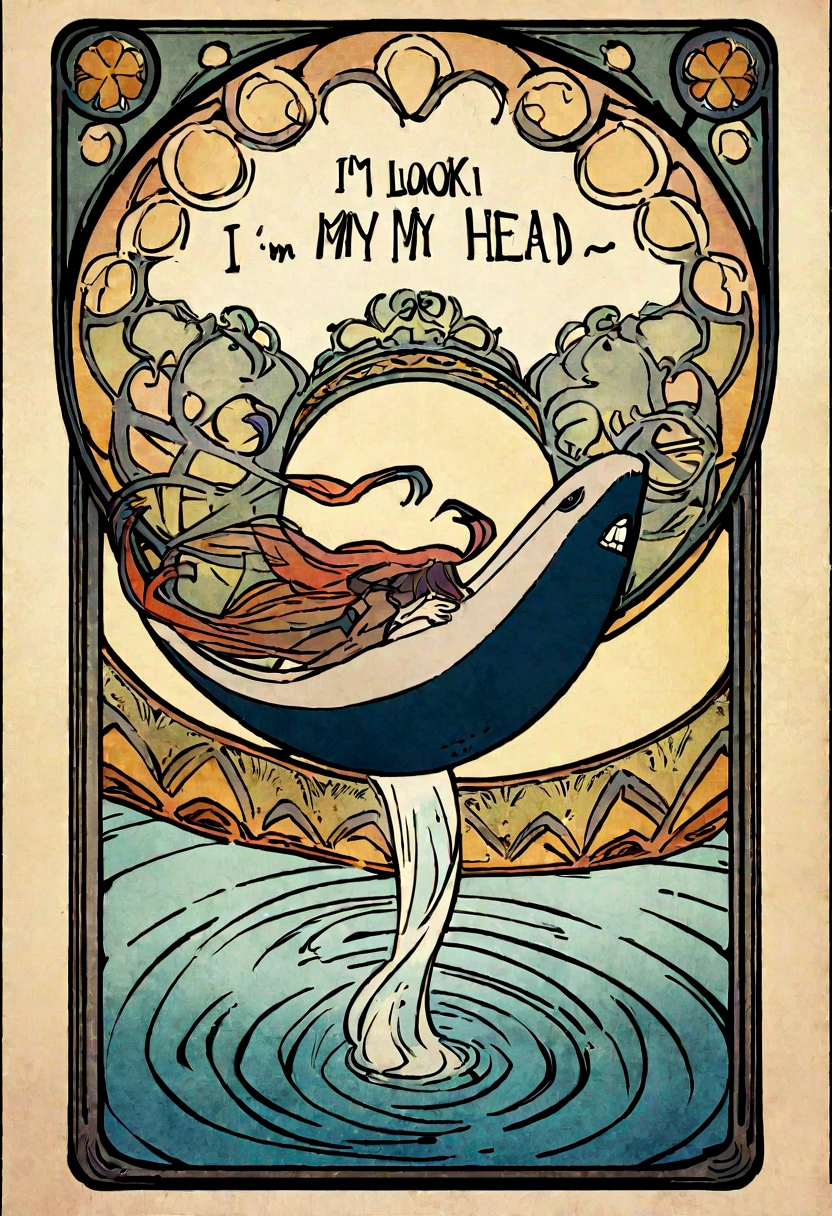 Beautiful drawing of Nishikigoi jumping out of the water、Simple Haida design with whale flowing、Haida's design is simple, Clean flowing lines with no filler pattern on the inside、Side view of the whole body、Art Nouveau advertising style、I'm looking with my head down。forward、Cinematic、typography