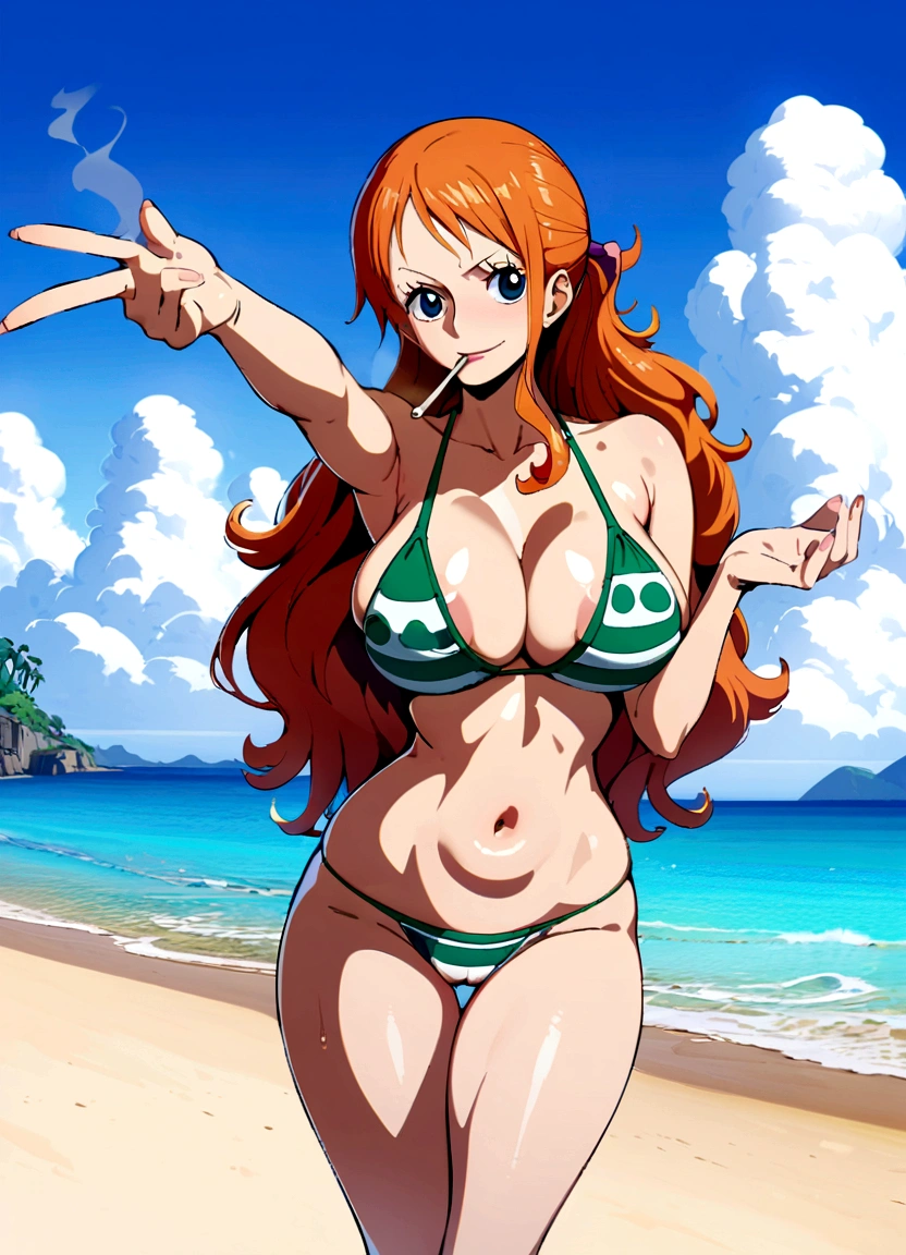 a cartoon picture of a woman in a bikini top and jeans, nami one piece, nami from one piece, nami, beautiful portrait of nami, from one piece, oppai, blue eyes, smoking, ponytail, nsfw