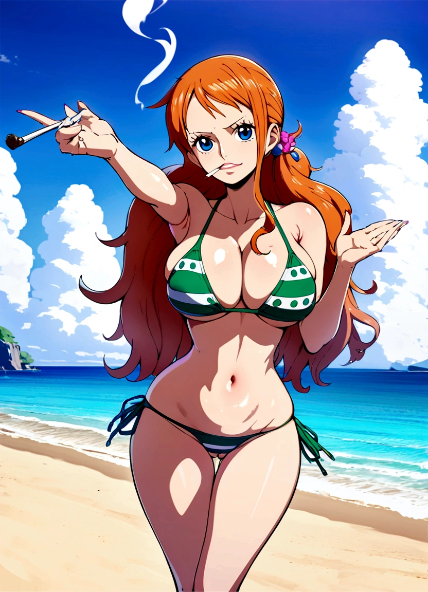 a cartoon picture of a woman in a bikini top and jeans, nami one piece, nami from one piece, nami, beautiful portrait of nami, from one piece, oppai, blue eyes, smoking, ponytail, nsfw
