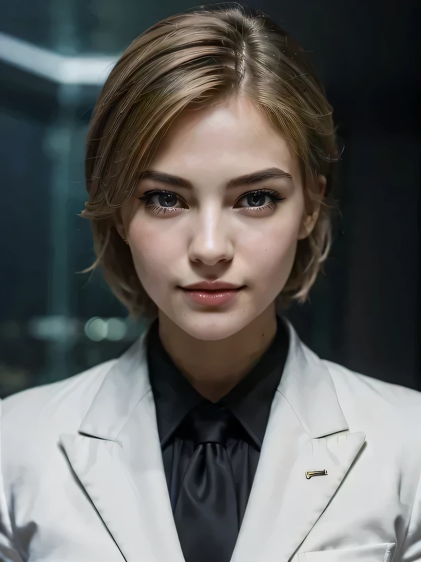 ((masterpiece、Highest quality、Very detailed、High resolution、Realistic、Sharp focus))、Bust Shot、Focus on the chest up、Beautiful French model in her twenties、Detailed aquarium、Dynamic pose、(Dark grey business suit)、Ultra detailed face、Bobcut、Blonde、Pale skin、smile、View your viewers