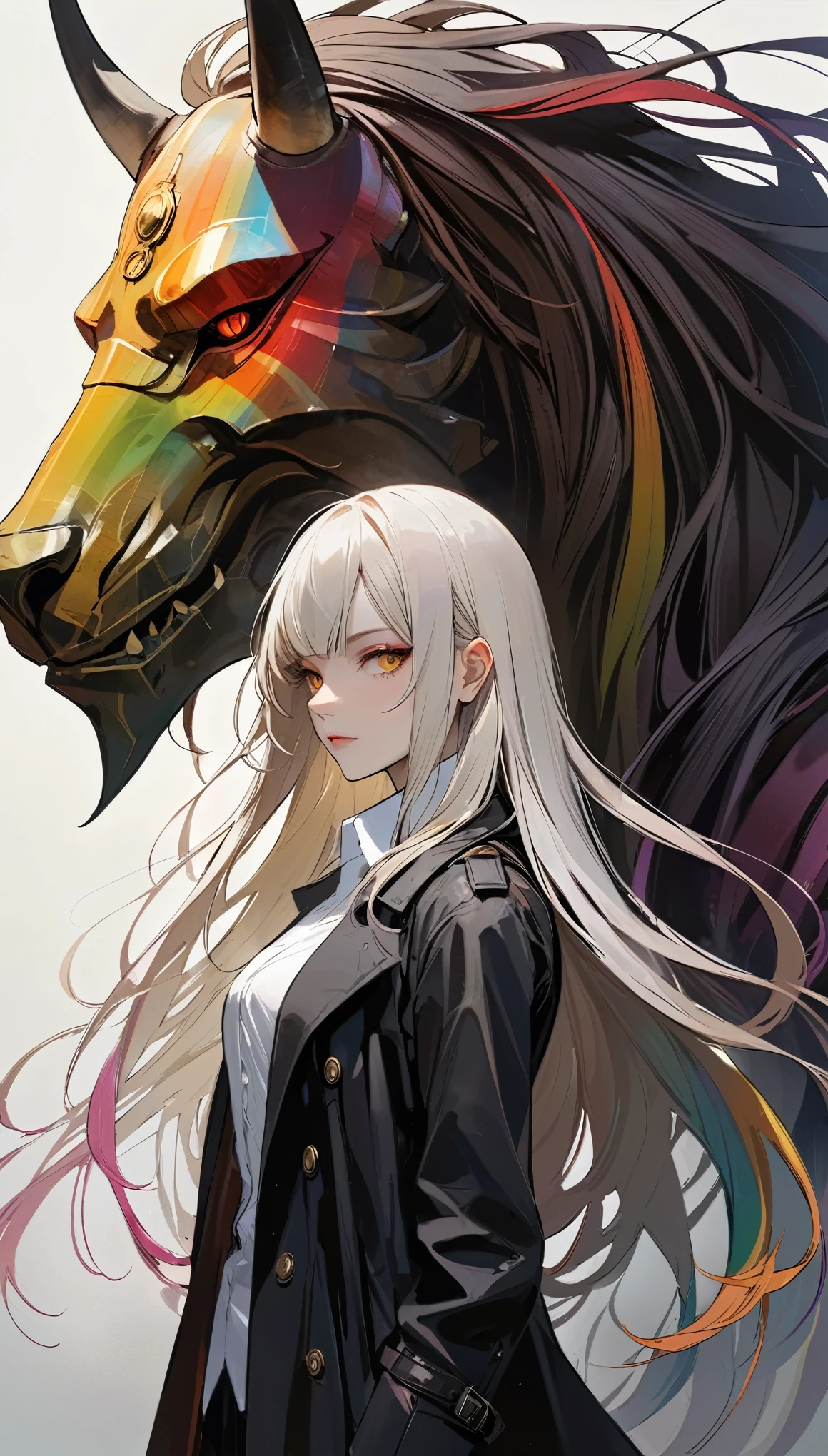 in style of Ashley Wood,in style of Santiago Caruso,
((masterpiece, best quality)),(illustration),(detailedLight),((Extremely exquisite and beautiful)),1 Girl,Black long trench coat,White shirt,Long hair,Silver long hair,Dark shadows,oni_mask,vivid color,