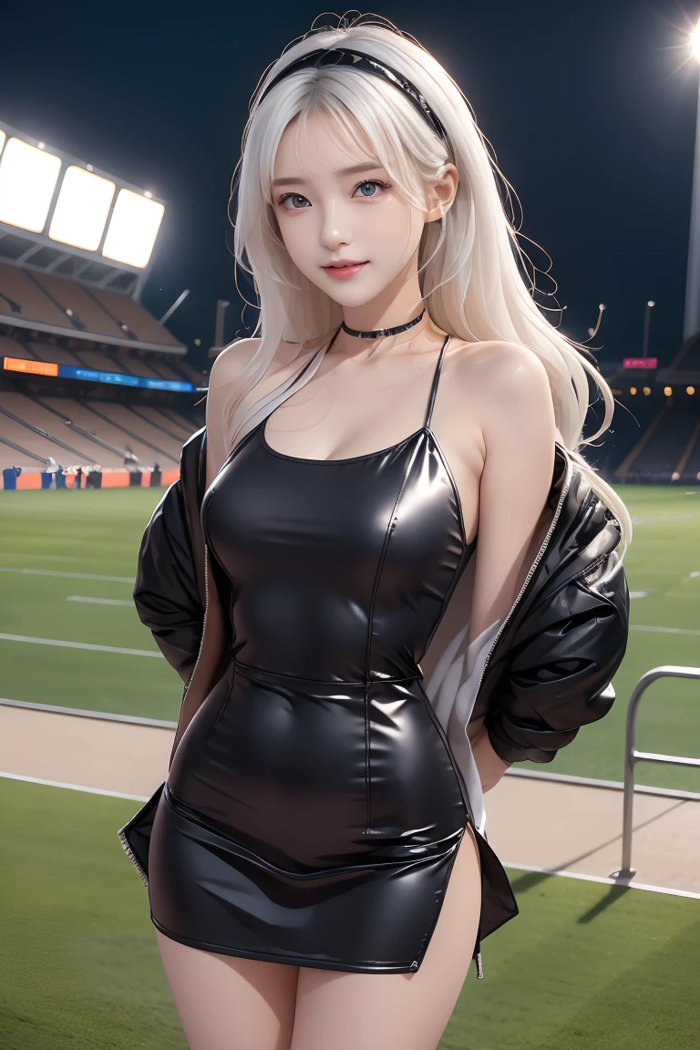 (cute girl), (white hair, blue eyes, smooth skin:1.1), (beautiful, 20 years girl), slim, slender, (cute clothes), (Black dress and jacket), hairband, heart ring, Stadium in background, arms behind back, arms up on head ,seducive detail.