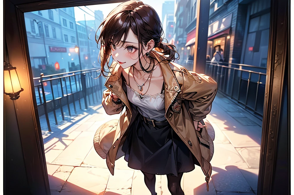 ((Biologically correct limb count))、(( Full-body photo including face))、4K、((Standing position))、masterpiece、((High heelsに焦点を当てる))、((Symmetrical facial features))、Eyes with detailed description、Beautiful woman、Excellent style、Beautiful clavicle、Beautiful feet、Beautiful Hands、Slender body、(rubber tights、garter belt、High heels）、Facial detailing、Small earrings、necklace、(rubber jacket、Rubber Skirt)、High heelsに照明を当てる、tie、sunny、(((White framed photo)))、Fascinating、Night street、profile、((A photo of the moment you put on lipstick))、Low - Angle