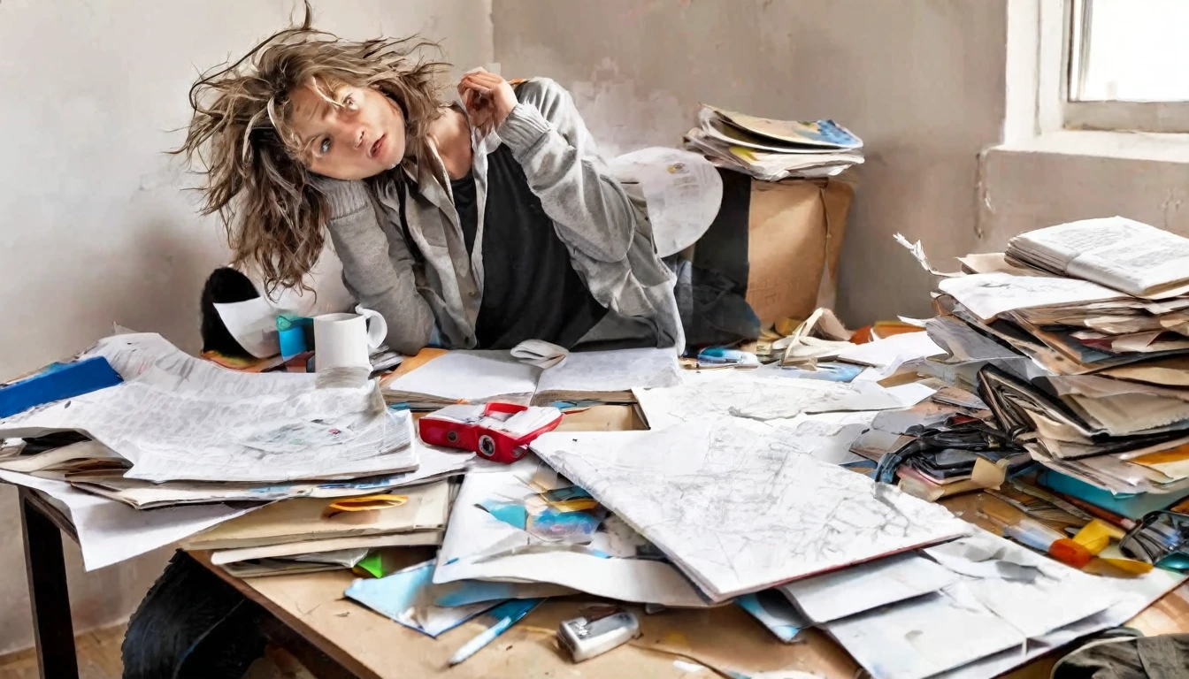 Draw a sketch illustration of a teenager with a chaotic mind. The teenager is sitting in the corner of a messy room, holding their head with disheveled hair. Surrounding them are various objects like scattered papers, open books, and gadgets lying around haphazardly. Their expression shows confusion and anxiety. Make the atmosphere of the image feel gloomy and stressful, with dim lighting and sharp shadows.