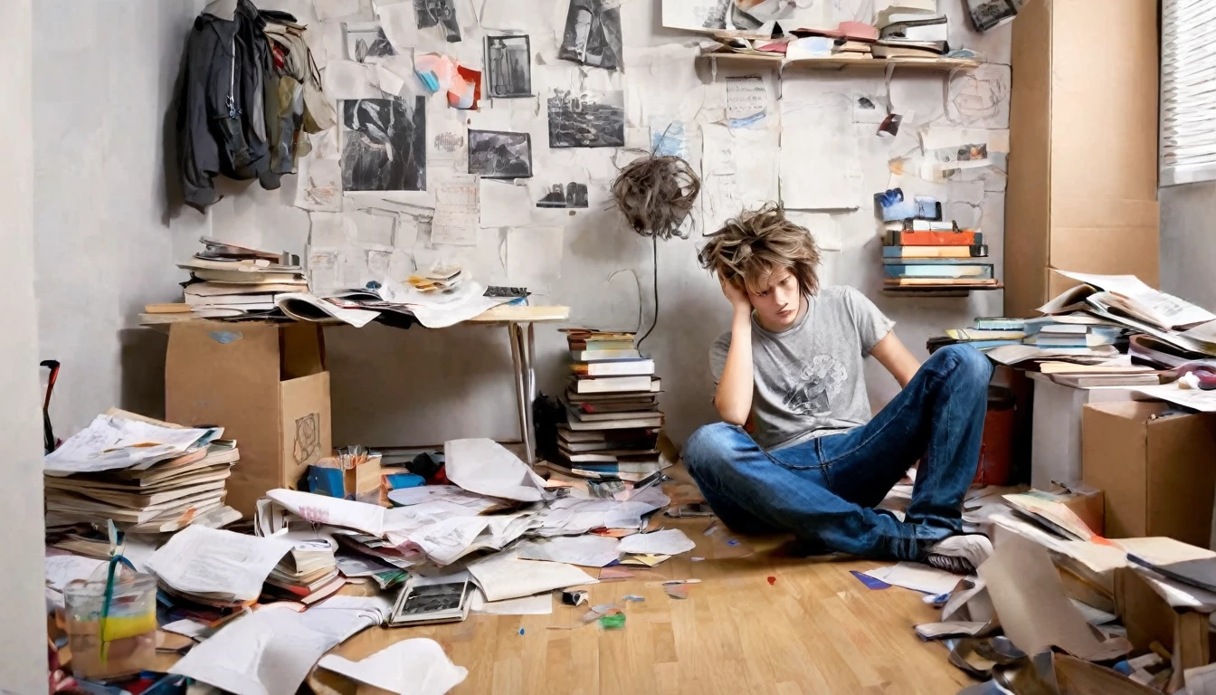 Draw a sketch illustration of a teenager with a chaotic mind. The teenager is sitting in the corner of a messy room, holding their head with disheveled hair. Surrounding them are various objects like scattered papers, open books, and gadgets lying around haphazardly. Their expression shows confusion and anxiety. Make the atmosphere of the image feel gloomy and stressful, with dim lighting and sharp shadows.