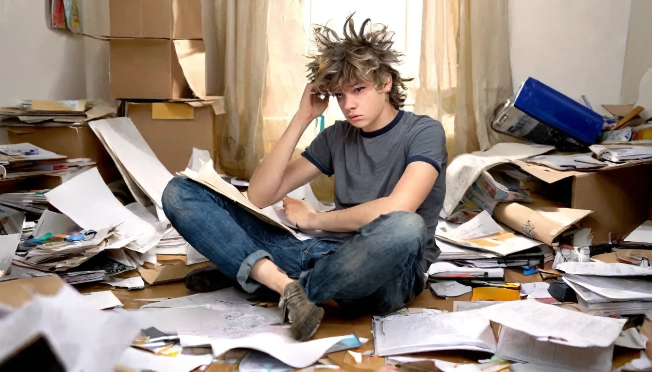 Draw a sketch illustration of a teenager with a chaotic mind. The teenager is sitting in the corner of a messy room, holding their head with disheveled hair. Surrounding them are various objects like scattered papers, open books, and gadgets lying around haphazardly. Their expression shows confusion and anxiety. Make the atmosphere of the image feel gloomy and stressful, with dim lighting and sharp shadows.