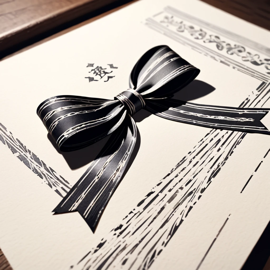 masterpiece、super beautiful、８K、Asymmetric、An illustration of a ribbon tied in a bowknot, drawn with worn lines in the style of medieval black and white letterpress printing.