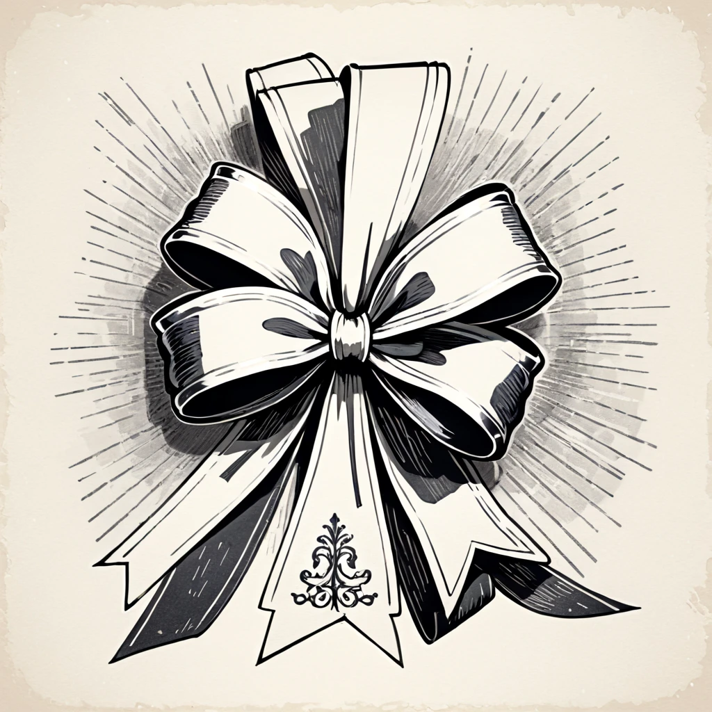masterpiece、super beautiful、８K、Asymmetric、An illustration of a ribbon tied in a bowknot, drawn with worn lines in the style of medieval black and white letterpress printing.