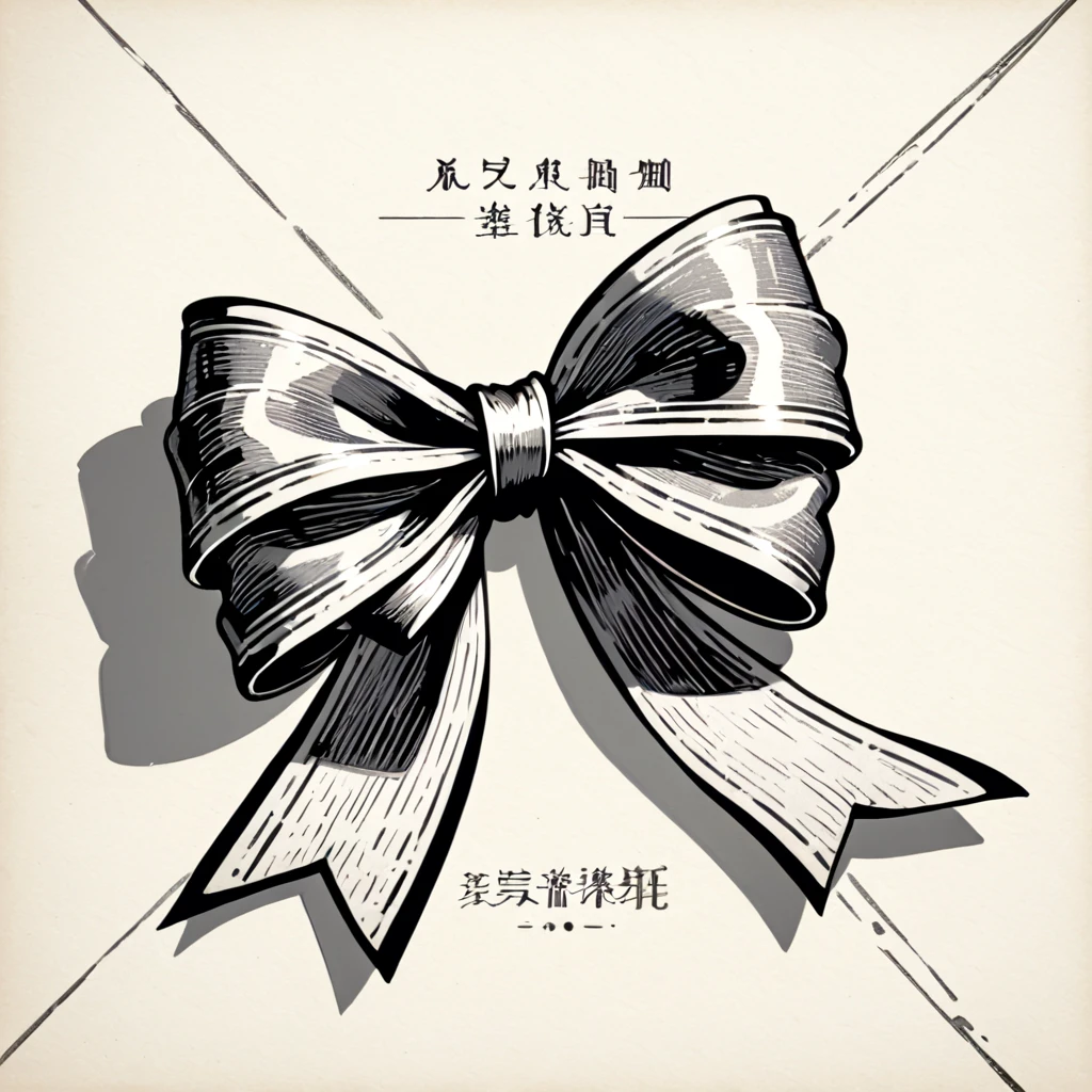 masterpiece、super beautiful、8K、Asymmetric、An illustration of a ribbon tied in a bowknot, drawn with worn lines in the style of medieval black and white letterpress printing.