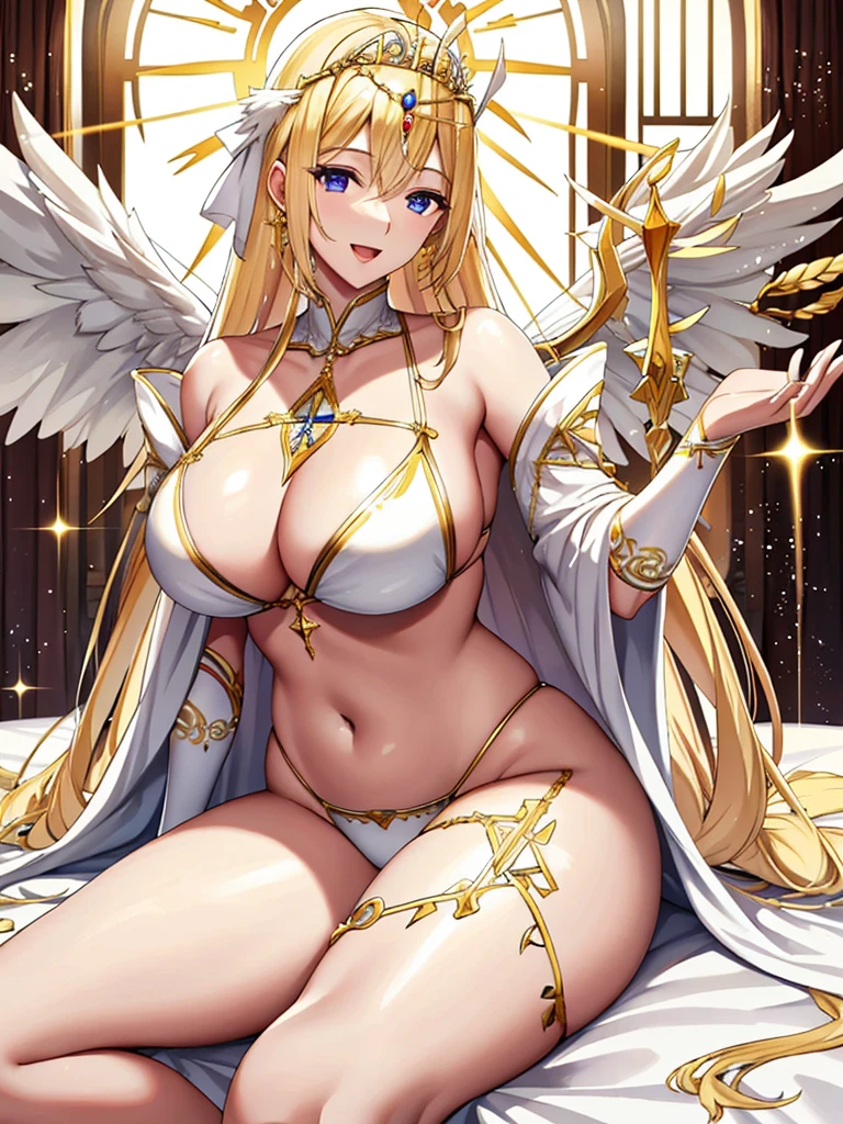 A priestess wearing a white bikini,Valkyrie、Beautiful long legs、Thick thighaternal、Sitting on the bed、Wearing a golden tiara、Angel Wings,belly button,simple,Particles of light,Thighs,Shiny skin,Big Mouth、Perfect lighting, One adult woman, Open Mouth Smile、（Highest quality), maternal, Fair, porcelain-like skin、Big,光沢のあるsimple青い瞳、Very long honey blonde straight hair