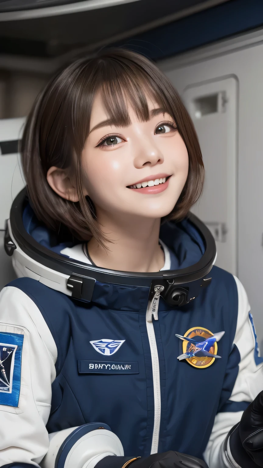 closeup shot , Best picture quality (8K, high resolution, Masterpiece: 1.2), super detailed, 215 Short Hair, -yeld wo,
situation: Scenes of people working inside a spaceship or on a space station。
clothing: Spacesuit、Helmet、Gloves。
angle:
Close-up: Hands wearing Spacesuit、A detailed depiction of a person gazing into space。
Detailed depiction: Spacecraft instruments and Earth scenery in the background、Emphasizing the thrill of exploration and adventure。
, Close-up of face
, random cute pose ,big eyes ,Puffy eyes , Heart Pupil, blush , huge shy smile , salute
