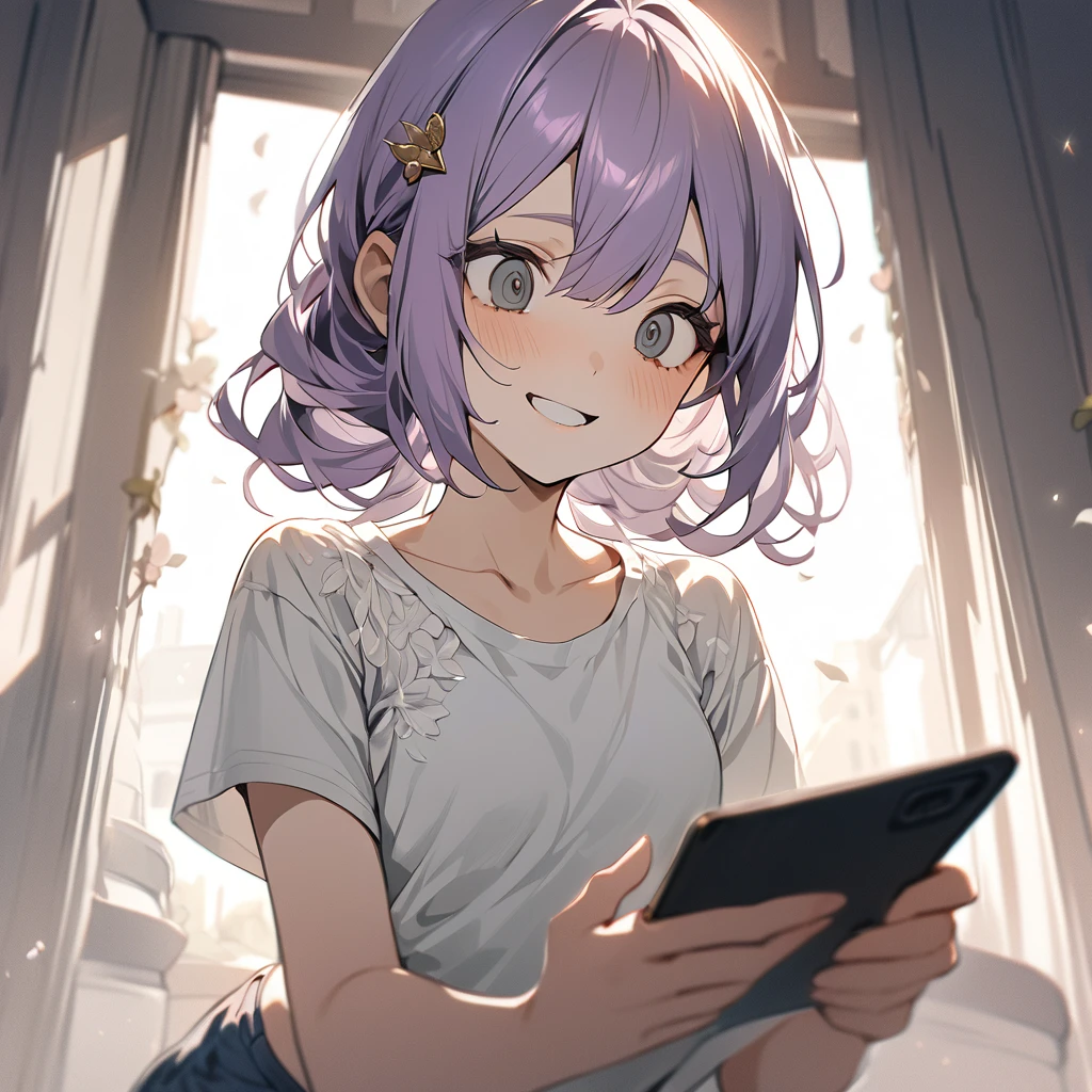 (Cute a girl:1.5), (a girl with closs hair pin,pale purple hair,bluntbangs hair,green and black eyes,
a girl is wearing a white T-shirt and navy blue shorts,,look at viewer:1.4),
(masterpiece:1.3), anime visual, (Lovey-dovey:1.5), (tilt head:1.3), extremely delicate face, soft clean focus, realistic lighting and shading, (an extremely delicate and beautiful art:1.3), elegant, (muted colors:1.1), small breast,crazy smile, A girl looks shocked while reading an article on her smartphone,