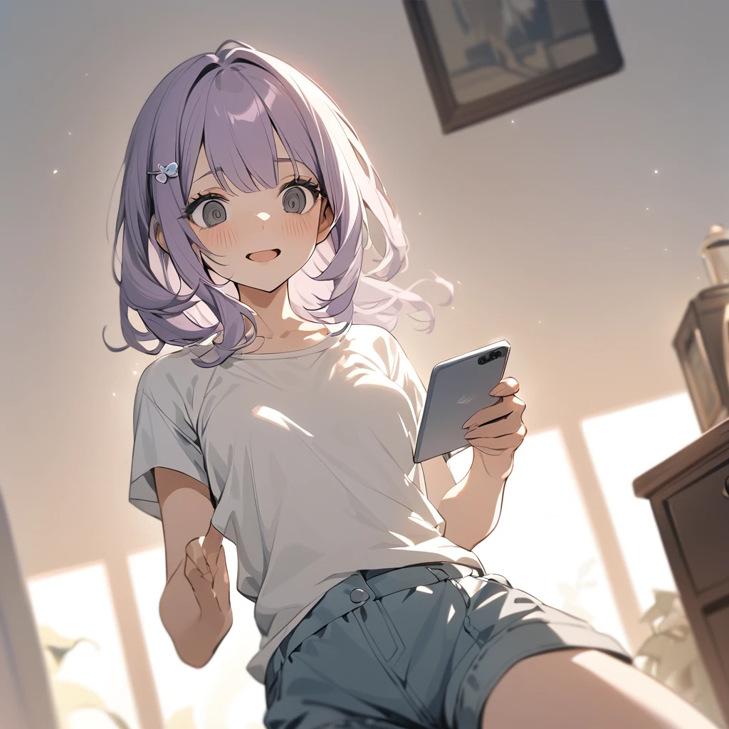 (Cute a girl:1.5), (a girl with closs hair pin,pale purple hair,bluntbangs hair,green and black eyes,
a girl is wearing a white T-shirt and navy blue shorts,,look at viewer:1.4),
(masterpiece:1.3), anime visual, (Lovey-dovey:1.5), (tilt head:1.3), extremely delicate face, soft clean focus, realistic lighting and shading, (an extremely delicate and beautiful art:1.3), elegant, (muted colors:1.1), small breast,crazy smile, A girl looks shocked while reading an article on her smartphone,