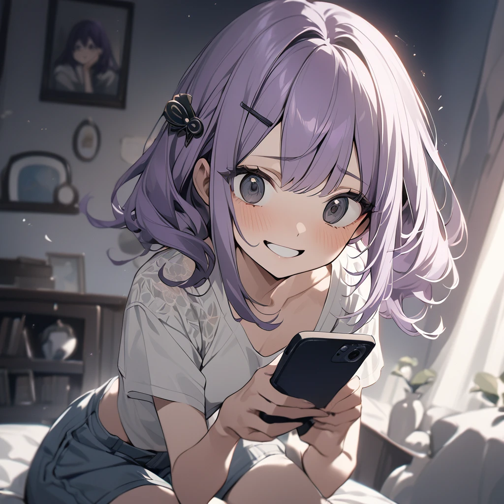 (Cute a girl:1.5), (a girl with closs hair pin,pale purple hair,bluntbangs hair,green and black eyes,
a girl is wearing a white T-shirt and navy blue shorts,,look at viewer:1.4),
(masterpiece:1.3), anime visual, (Lovey-dovey:1.5), (tilt head:1.3), extremely delicate face, soft clean focus, realistic lighting and shading, (an extremely delicate and beautiful art:1.3), elegant, (muted colors:1.1), small breast,crazy smile, A girl looks shocked while reading an article on her smartphone,