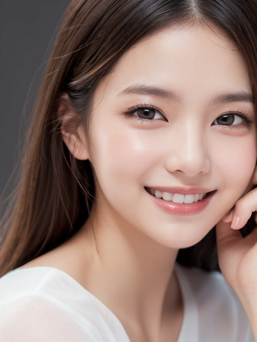 (In 8K, Highest quality, Tabletop, Ultra-high resolution, High quality face:1.5), (Rich in details), (Young Adult Model:1.3),(Photorealistic:1.4) (Look diagonally:1.6), 1 beautiful girl, White skin, (とてもWhite skin, Glittering Skin:1.4), Pin Spot Light, (Beautiful round eyes, Droopy eyes, Light in your eyes), Shiny, Natural Hair, Squint your eyes and laugh, Dazzling Smile, de luz, cute, refreshing, ((Beautiful woman in pure white outfit)), (Japanese),White background, Portraiture, de luz拡散反射, Lightweight texture
