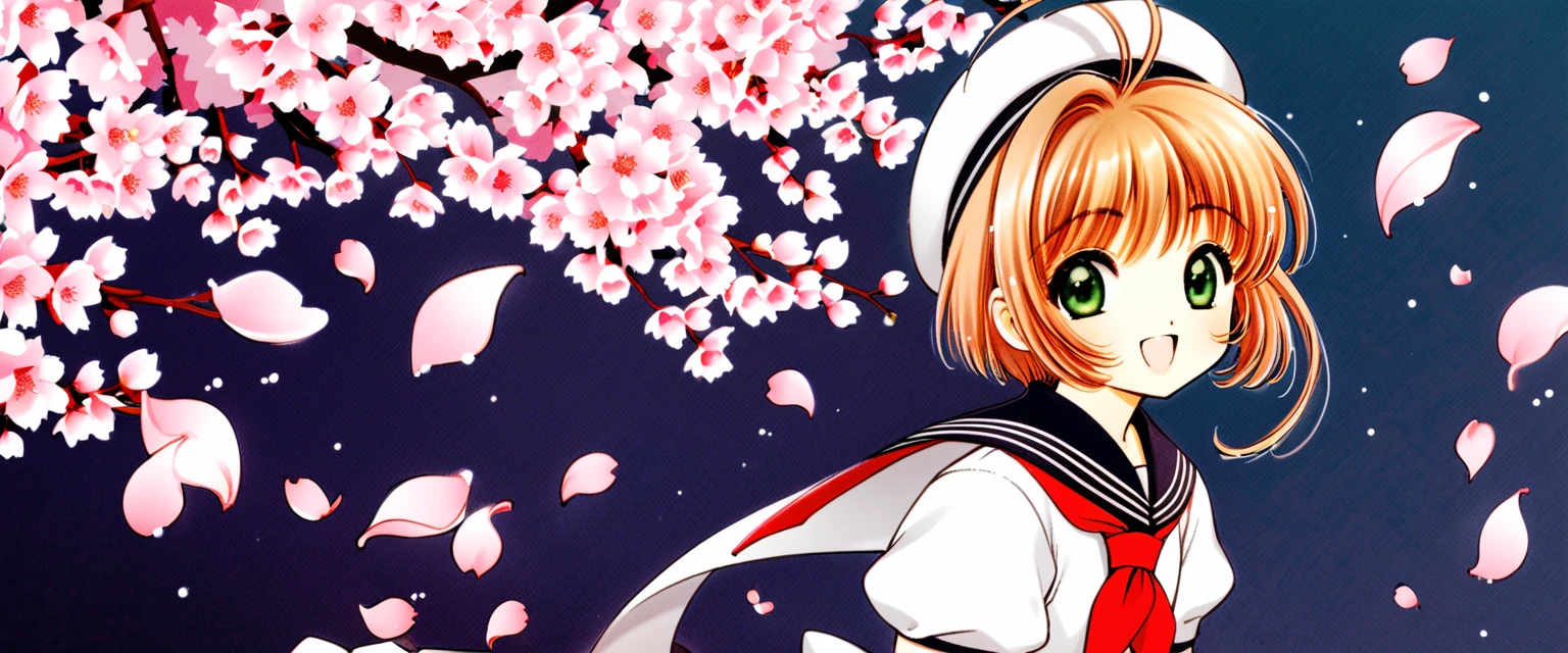 One girl,kinomoto sakura,alone,Uniforms of Tomoeda Elementary School,Green Eyes,Brown Hair,skirt,,Open your mouth,Have,Short sleeve,short hair,View your viewers,smile,petal,Puffy sleeves,black skirt,puffy Short sleeve,Antenna Hair,White Hat,Recall,cherry blossoms,Sailor collar,:d,white shirt,shirt,bangs,Put your arms behind your back,Traditional Media,