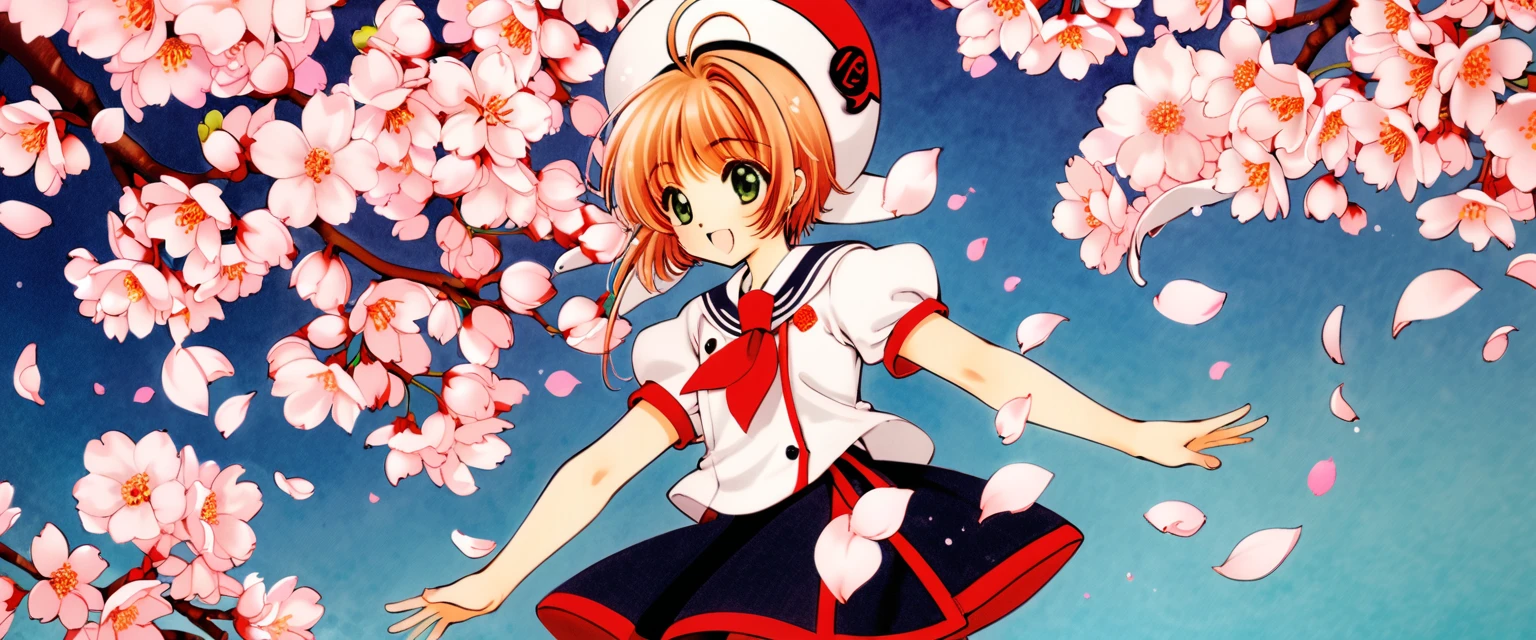 One girl,kinomoto sakura,alone,Uniforms of Tomoeda Elementary School,Green Eyes,Brown Hair,skirt,,Open your mouth,Have,Short sleeve,short hair,View your viewers,smile,petal,Puffy sleeves,black skirt,puffy Short sleeve,Antenna Hair,White Hat,Recall,cherry blossoms,Sailor collar,:d,white shirt,shirt,bangs,Put your arms behind your back,Traditional Media,