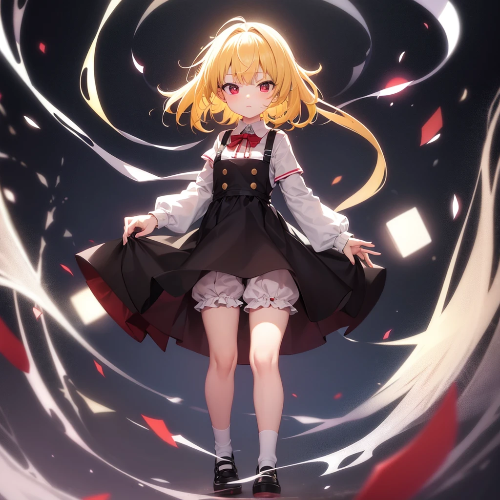 ((Bloomers)),((Red collar)),((White socks)),Cute little ,Tiny ,Small girl,,Childish face, Very fine clean face,Top quality, Big eyes,Straight Hair,Yellow hair,Crimson Eye,(Dark Room), Subtle light, Natural light,Soft lighting,Light from directly behind, (Are standing), Cute pose, (Open your hands), Showing the whole body,Front view,Black background