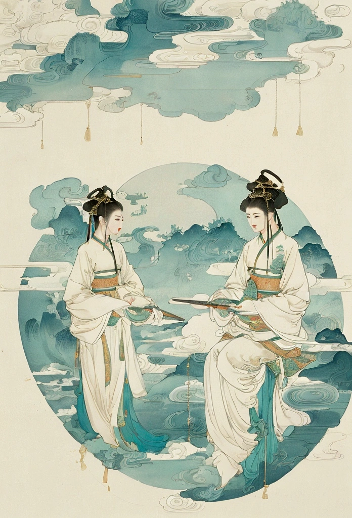 Song Dynasty murals，it is，Cyan light beige，Chinese eaves，Crane，white crane，，White Space，Minimalist style，Fine brushwork，Extremely fine details，Exquisite style，New Chinese，landscape，Symmetrical composition