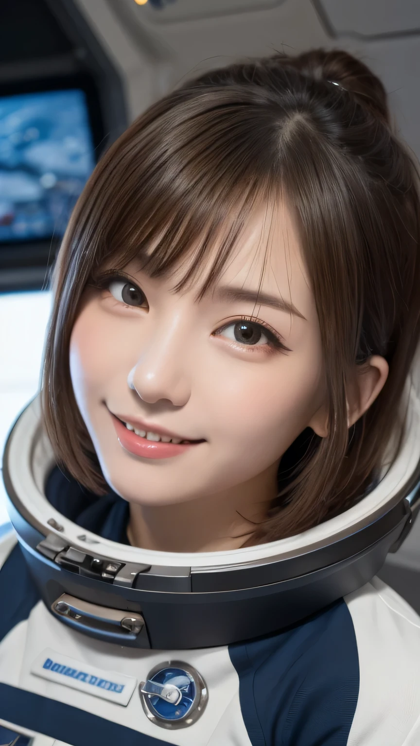 closeup shot , Best picture quality (8K, high resolution, Masterpiece: 1.2), super detailed,  215 Short Hair, 16-year-old woman, 

situation: Scenes of people working inside a spaceship or on a space station。
clothing: Spacesuit、Helmet、Gloves。
angle:
Close-up: Hands wearing Spacesuit、A detailed depiction of a person gazing into space。
Detailed depiction: Spacecraft instruments and Earth scenery in the background、Emphasizing the thrill of exploration and adventure。


, Close-up of face 

, random cute pose ,big eyes ,Puffy eyes ,  Heart Pupil, blush  , huge shy smile , salute
