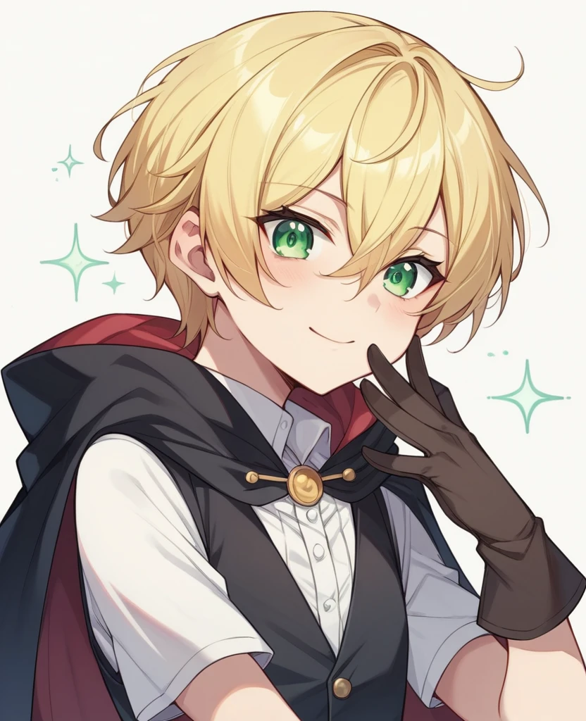 （One girl）、((short hair))、((Blonde))、（Sato Air）、(boyish)、Crossdresser、((flat chest))、green eyes、[wizard]、[black cape]、Black Vest、((hairs between eyes))、gloves 、[light smile]