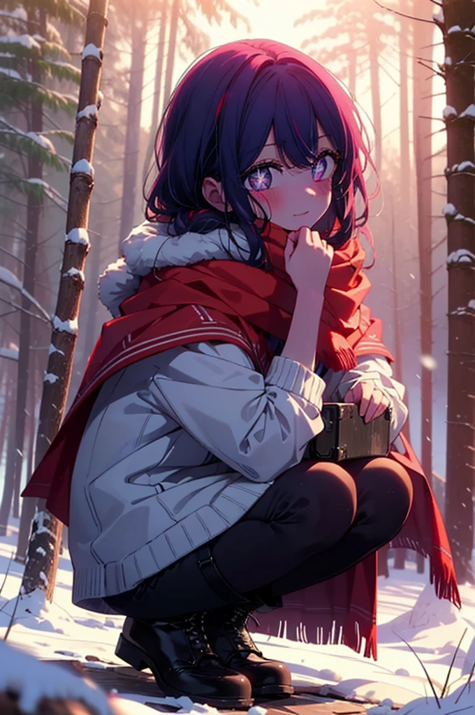 aihoshino, Ai Hoshino, Long Hair, bangs, (Purple eyes:1.1), Purple Hair, (Symbol-shaped pupil:1.5), smile,,smile,blush,White Breath,
Open your mouth,snow,Ground bonfire, Outdoor, boots, snowing, From the side, wood, suitcase, Cape, Blurred, , forest, White handbag, nature,  Squat, Mouth closed, Cape, winter, Written boundary depth, Black shoes, red Cape break looking at viewer, Upper Body, whole body, break Outdoor, forest, nature, break (masterpiece:1.2), Highest quality, High resolution, unity 8k wallpaper, (shape:0.8), (Beautiful and beautiful eyes:1.6), Highly detailed face, Perfect lighting, Highly detailed CG, (Perfect hands, Perfect Anatomy),