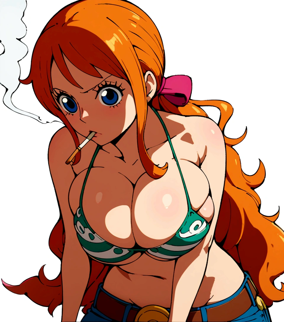 a cartoon picture of a woman in a bikini top and jeans, nami one piece, nami from one piece, nami, beautiful portrait of nami, from one piece, oppai, blue eyes, smoking, ponytail, nsfw
