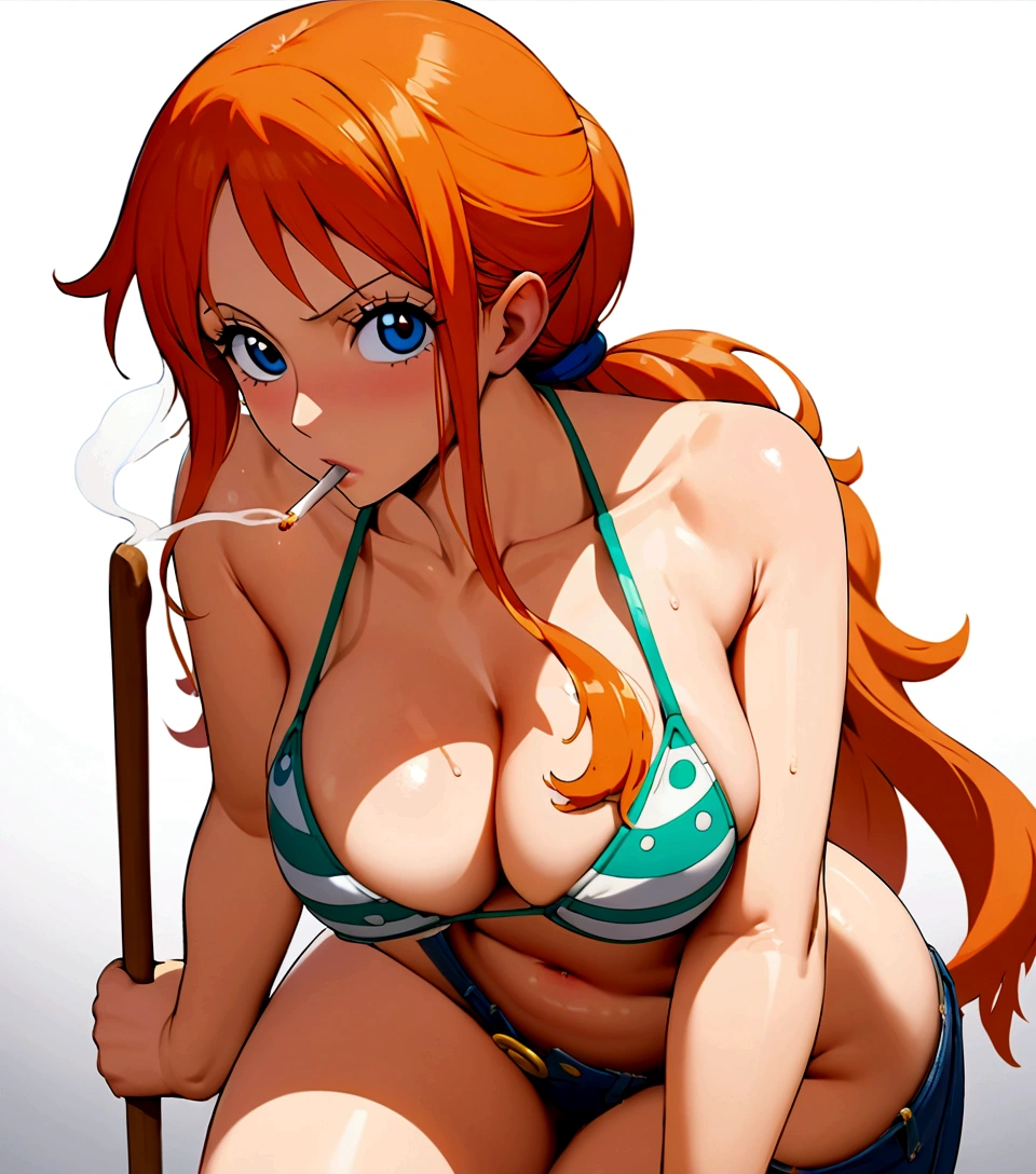 a cartoon picture of a woman in a bikini top and jeans, nami one piece, nami from one piece, nami, beautiful portrait of nami, from one piece, oppai, blue eyes, smoking, ponytail, nsfw