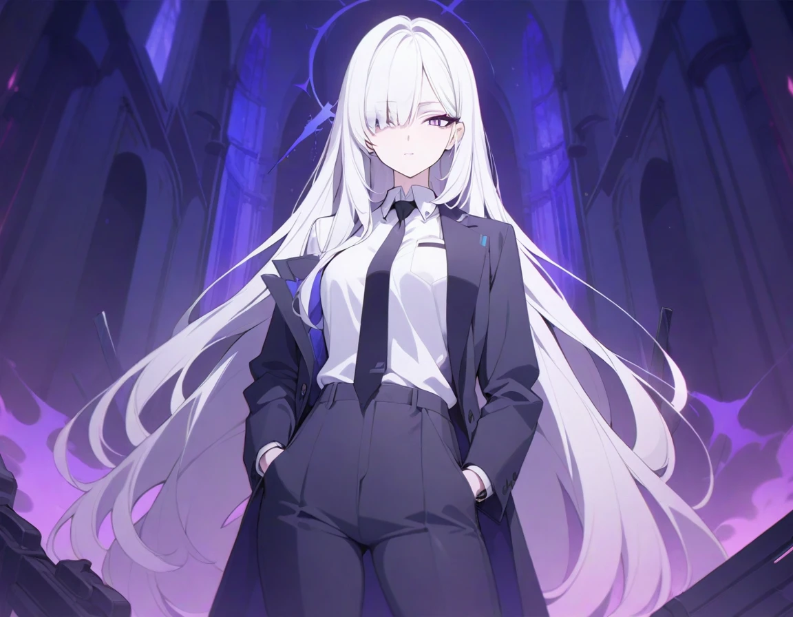 (Highest quality), (High resolution), (masterpiece), (Super detailed), (Highest quality), (High resolution), (masterpiece), (Super detailed), (Bright saturation), Long Hair, White Hair, Heterogeneous eyes: purple left eye and blue right eye, Blue Archive Art Style, One girl, With a black sword, Left hand in pocket, ,(Black long coat, White shirt, Black tie, Black trousers, suit,) whole body, Many swords stuck in the ground, Girl, Magic circle in the background, Expressionless, Dark Aura, Black Light, Vivid saturation, Black Light輪, Small breasts