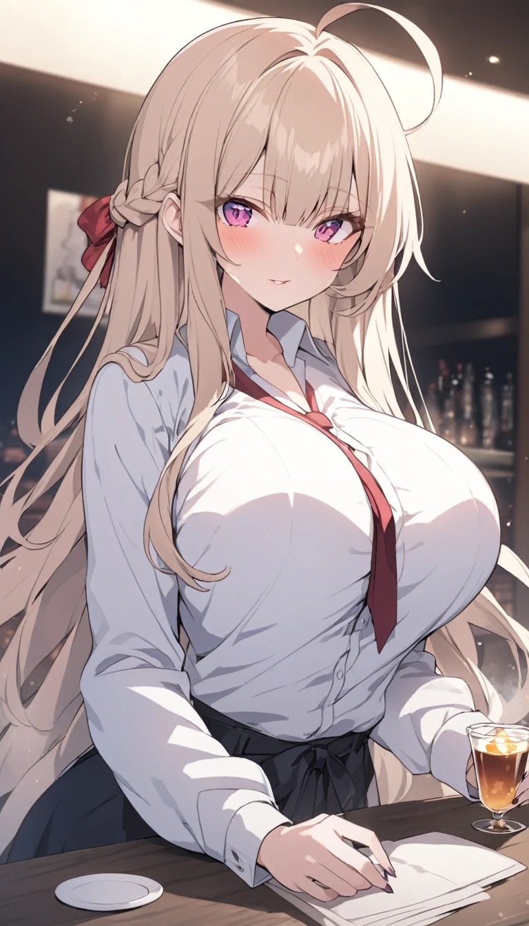 big breasts anime girl, 1girl, solo, long hair, breasts, ribbon, shirt, big breasts, bangs, white shirt, cup