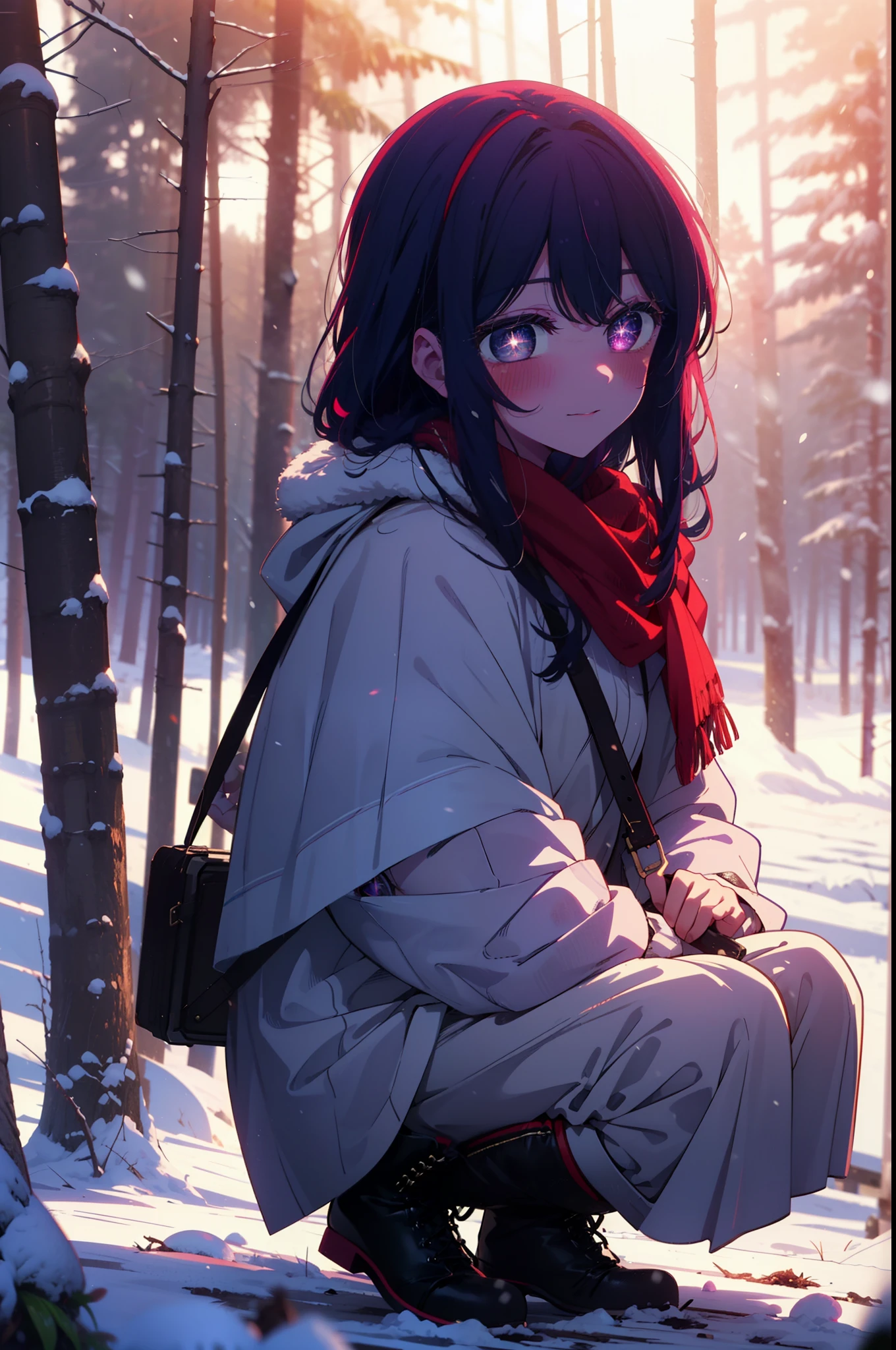 aihoshino, Ai Hoshino, Long Hair, bangs, (Purple eyes:1.1), Purple Hair, (Symbol-shaped pupil:1.5), smile,,smile,blush,White Breath,
Open your mouth,snow,Ground bonfire, Outdoor, boots, snowing, From the side, wood, suitcase, Cape, Blurred, , forest, White handbag, nature,  Squat, Mouth closed, Cape, winter, Written boundary depth, Black shoes, red Cape break looking at viewer, Upper Body, whole body, break Outdoor, forest, nature, break (masterpiece:1.2), Highest quality, High resolution, unity 8k wallpaper, (shape:0.8), (Beautiful and beautiful eyes:1.6), Highly detailed face, Perfect lighting, Highly detailed CG, (Perfect hands, Perfect Anatomy),