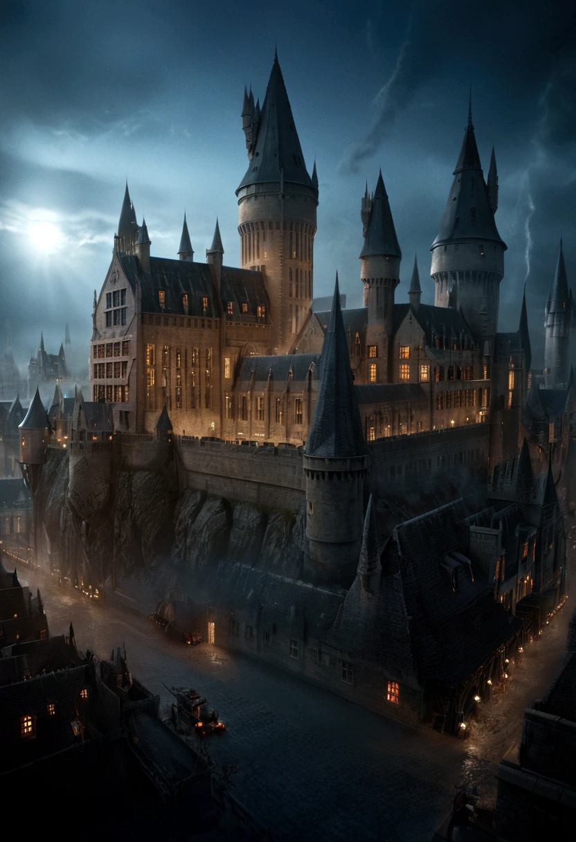 A highly detailed, cinematic scene of Hogwarts Castle under siege by 20th century robotic war machines, ultra-realistic, dramatic lighting, dark fantasy, volumetric fog, sweeping camera angles, intricate architecture, magical elements, fantasy creatures, cinematic composition, dramatic atmosphere, moody color palette, chiaroscuro lighting, photorealistic, 8K