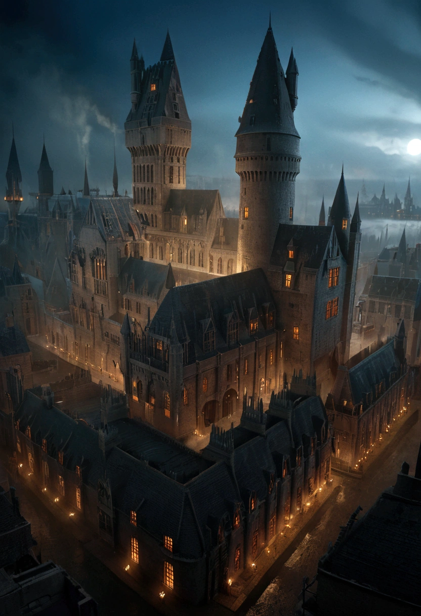 A highly detailed, cinematic scene of Hogwarts Castle under siege by 20th century robotic war machines, ultra-realistic, dramatic lighting, dark fantasy, volumetric fog, sweeping camera angles, intricate architecture, magical elements, fantasy creatures, cinematic composition, dramatic atmosphere, moody color palette, chiaroscuro lighting, photorealistic, 8K