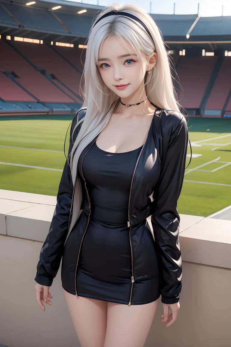 (cute girl), (white hair, blue eyes, smooth skin:1.1), (beautiful, 20 years girl), slim, slender, (cute clothes), ( fluffy Black dress and jacket), hairband, heart ring, Stadium in background, arms behind back, arms up on head ,seducive detail