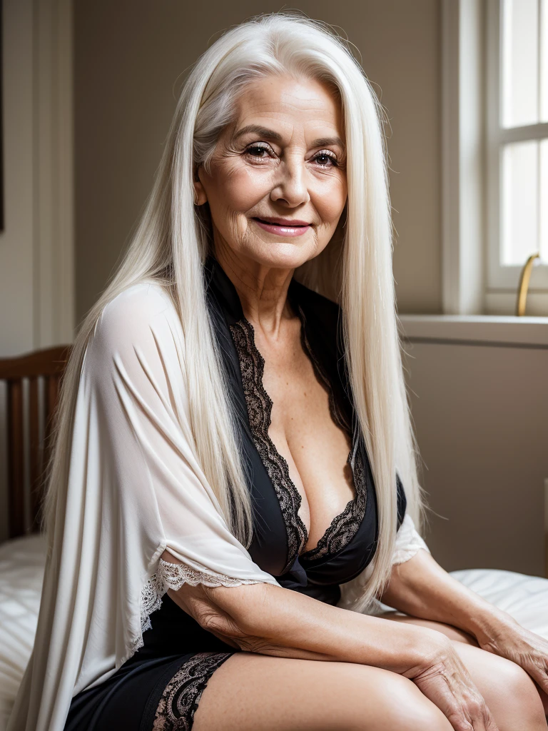 Mature old woman 80 years with white straight long hair, plus size, old face and body with many wrinkles, loose skin, smiling, big breasts, standing at bedroom posing for photo, She wearing black robe with large neckline and lace stockings, side view. jaw dropping mature older beauty, old face and body with wrinkles, old face, attractive grandma, a gorgeous old hair, beautiful old grandma, lovely older mature grandma, gorgeous beautiful grandma over 80 years old, beautiful white straight long hair grandma, beautiful detailed body and face, a beautiful old granny