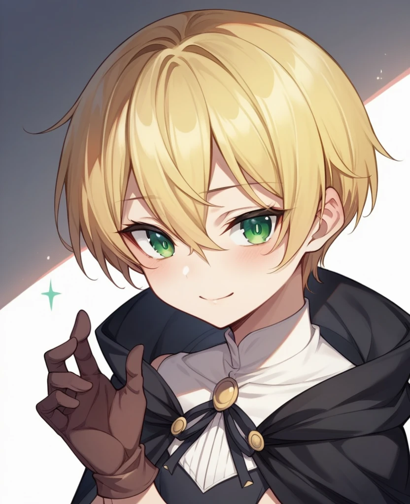（One girl）、((short hair))、((Blonde))、（Sato Air）、(boyish)、Crossdresser、((flat chest))、green eyes、[wizard]、[black cape]、Black Vest、((hairs between eyes))、gloves 、[light smile]