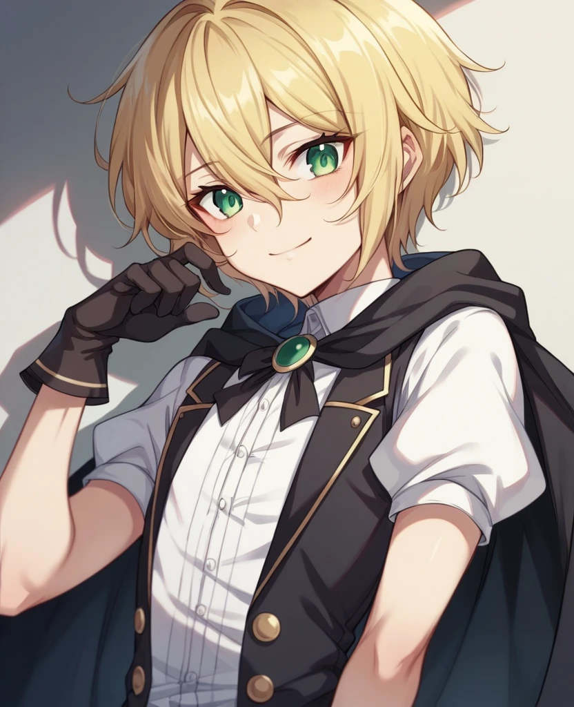 （One girl）、((short hair))、((Blonde))、（Sato Air）、(boyish)、Crossdresser、((flat chest))、green eyes、[wizard]、[black cape]、Black Vest、((hairs between eyes))、gloves 、[light smile]