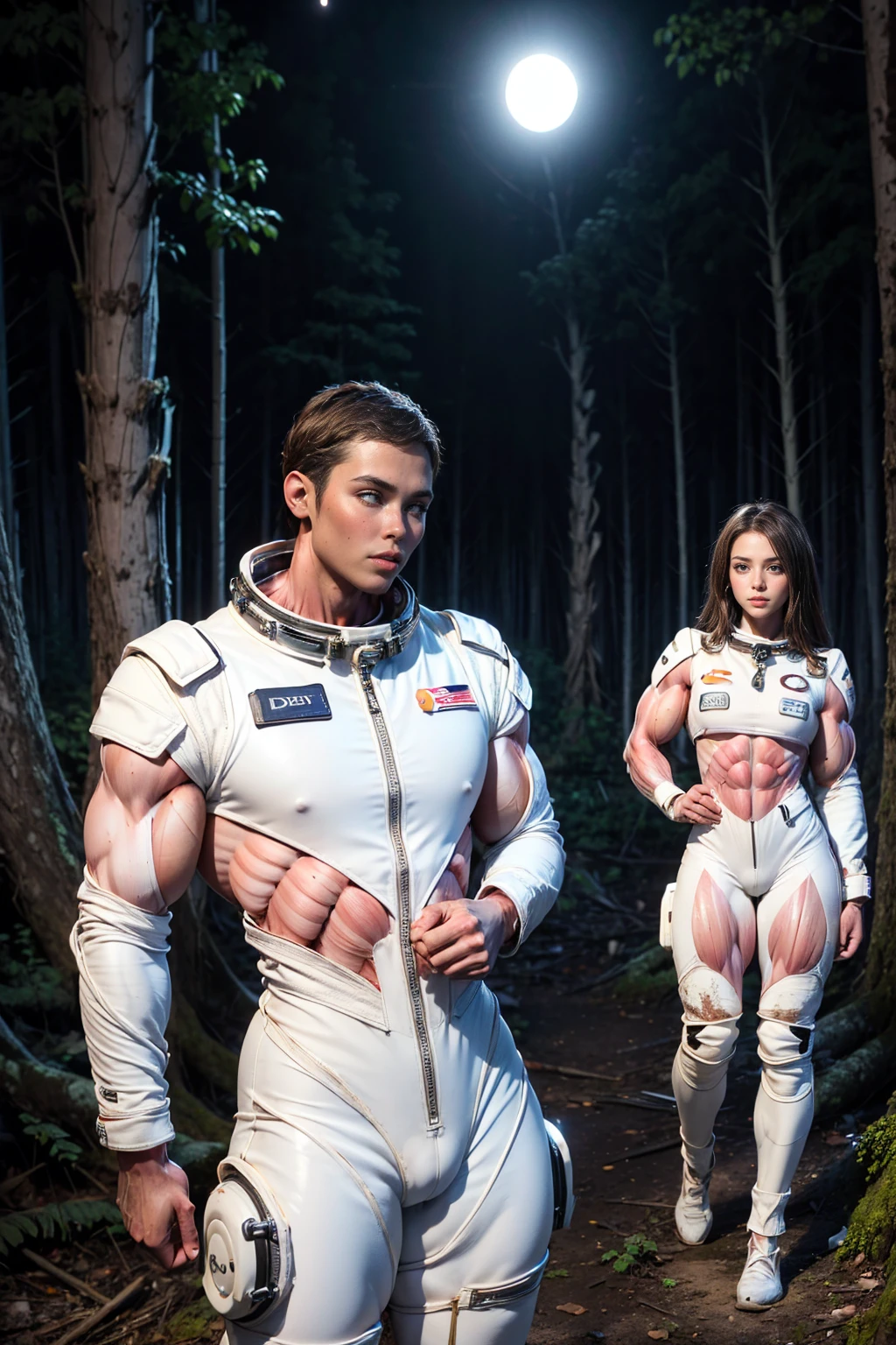 (Muscular:2.5), (thick thighs:1), (large round breasts:1), (large muscular chest and shoulders:1.4), FEMALE, brown hair, long brown hair, (big smile:0), (wearing a tight white spacesuit:1.5), looking at viewer, (three quarter view:1.2), upper body view, (derelict forest at night:1.5), dark lighting, detailed skin, detailed eyes, (dark skin:1.4), (very thin waist:1.2), (huge round muscles:1.5),