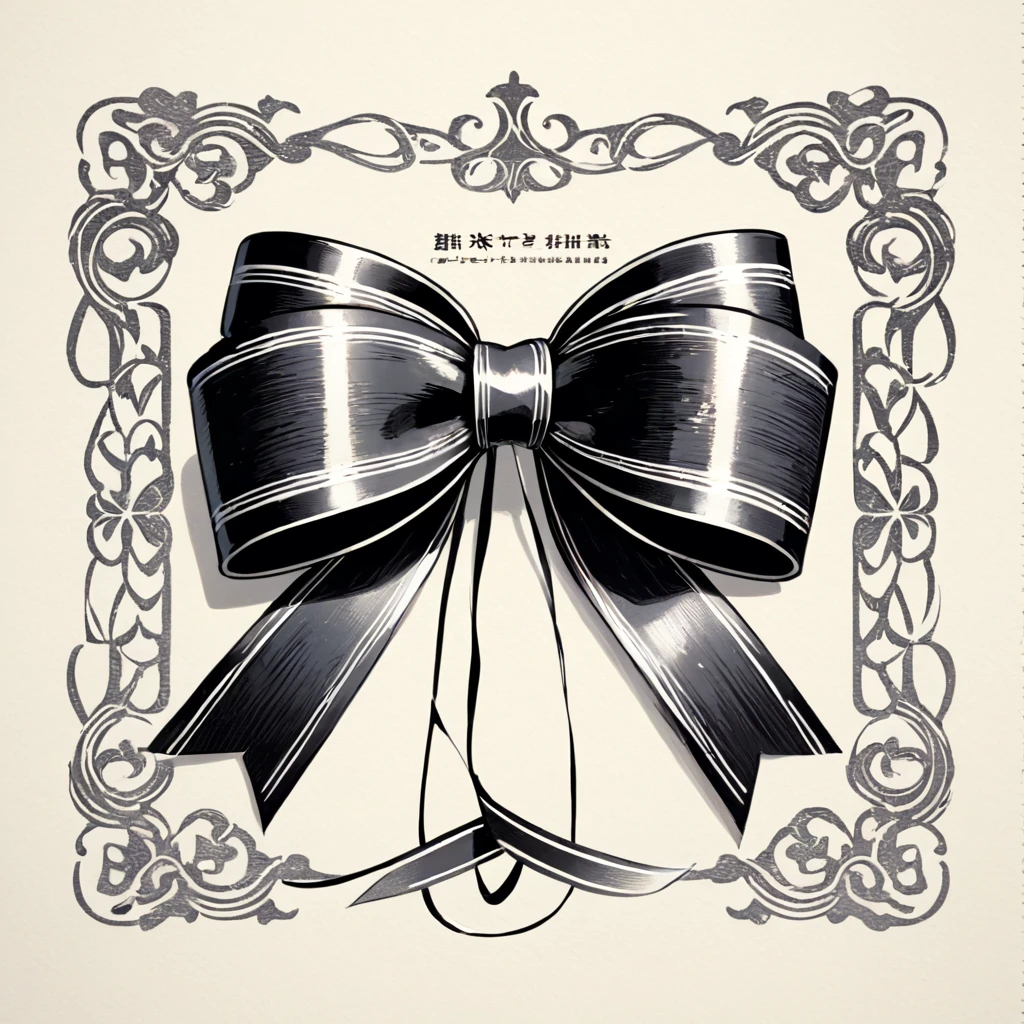 masterpiece、super beautiful、８K、Asymmetric、Long wavy ribbon、flat、An illustration of a ribbon tied in a bowknot, drawn with worn lines in the style of medieval black and white letterpress printing.