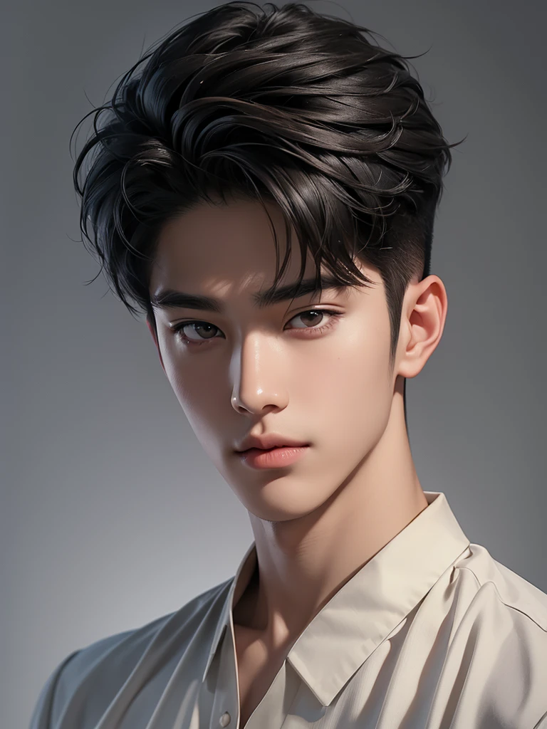 ((High quality)), ((masterpiece)), ((highly detailed)), perfect face, realistic, ((man)), ((Asian)), black hair, korean boy, portrait, cute guy, handsome guy, grey wallpaper, brown eyes, sharp eyes