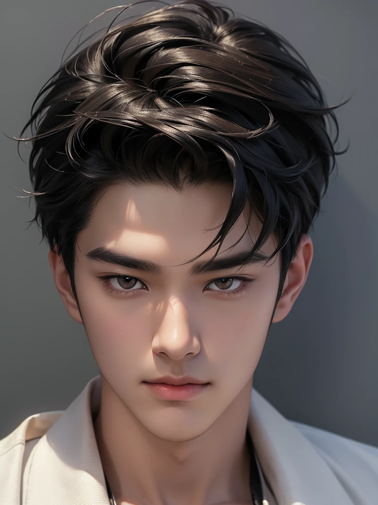 ((High quality)), ((masterpiece)), ((highly detailed)), perfect face, realistic, ((man)), ((Asian)), black hair, korean boy, portrait, cute guy, handsome guy, grey wallpaper, brown eyes, sharp eyes