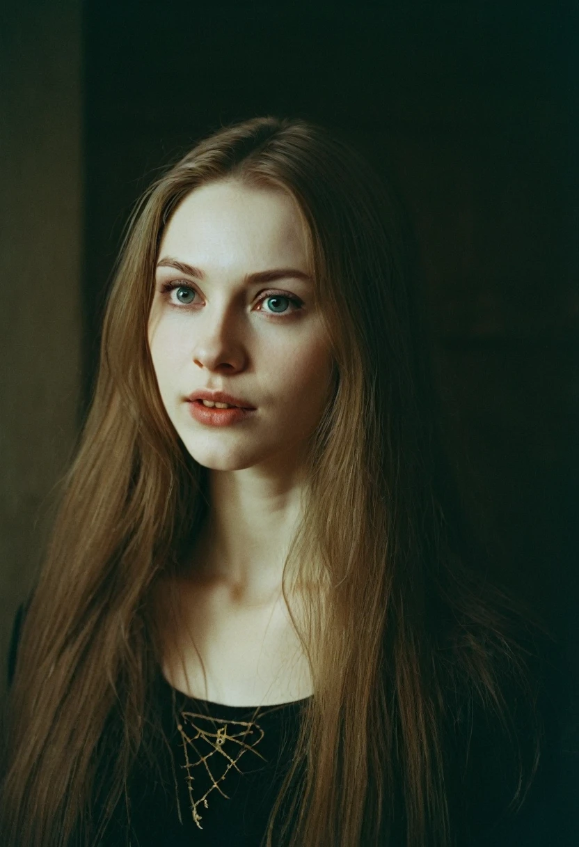 pale skin, ((evil slavic woman)), long dark blond hair, candid shot, 35mm, analog film photo, complex, (Fairy Academia, cgsociety, TurboGrafx-16 color palette, excited:1), standing to the side, film grain, low light, natural light, color-graded,