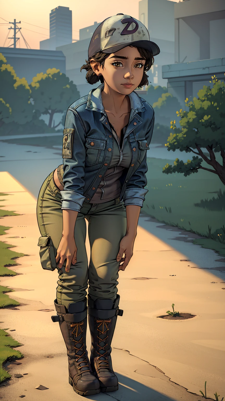 ((masterpiece, best quality)),(complex lighting) ,solo,(((1girl))) ,clementine, light skin,light-skinned female, baseball cap, green cargo pants, brown eyes, tight pants, combat boots, shirt, short hair, one short ponytail, open denim jacket, huge butt, thicc butt , (((8k))), (((full body))), (((bent over))), (((looking at the viewer))), (((view from in front of her))), big breasts
