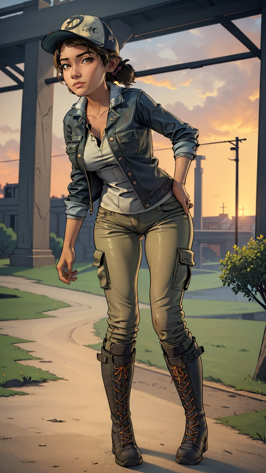 ((masterpiece, best quality)),(complex lighting) ,solo,(((1girl))) ,clementine, light skin,light-skinned female, baseball cap, green cargo pants, brown eyes, tight pants, combat boots, shirt, short hair, one short ponytail, open denim jacket, huge butt, thicc butt , (((8k))), (((full body))), (((bent over))), (((looking at the viewer))), (((view from in front of her))), big breasts