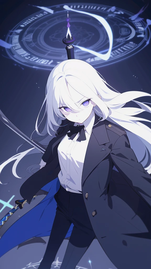 (Highest quality), (High resolution), (masterpiece), (Super detailed), (Highest quality), (High resolution), (masterpiece), (Super detailed), (Bright saturation), Long Hair, White Hair, Heterogeneous eyes: purple left eye and blue right eye, Blue Archive Art Style, One girl, With a black sword, Left hand in pocket, ,(Black long coat, White shirt, Black tie, Black trousers, suit,) whole body, Many swords stuck in the ground, Girl, Magic circle in the background, Expressionless, Dark Aura, Black Light, Vivid saturation, 頭の後ろにBlack Light輪, Small breasts