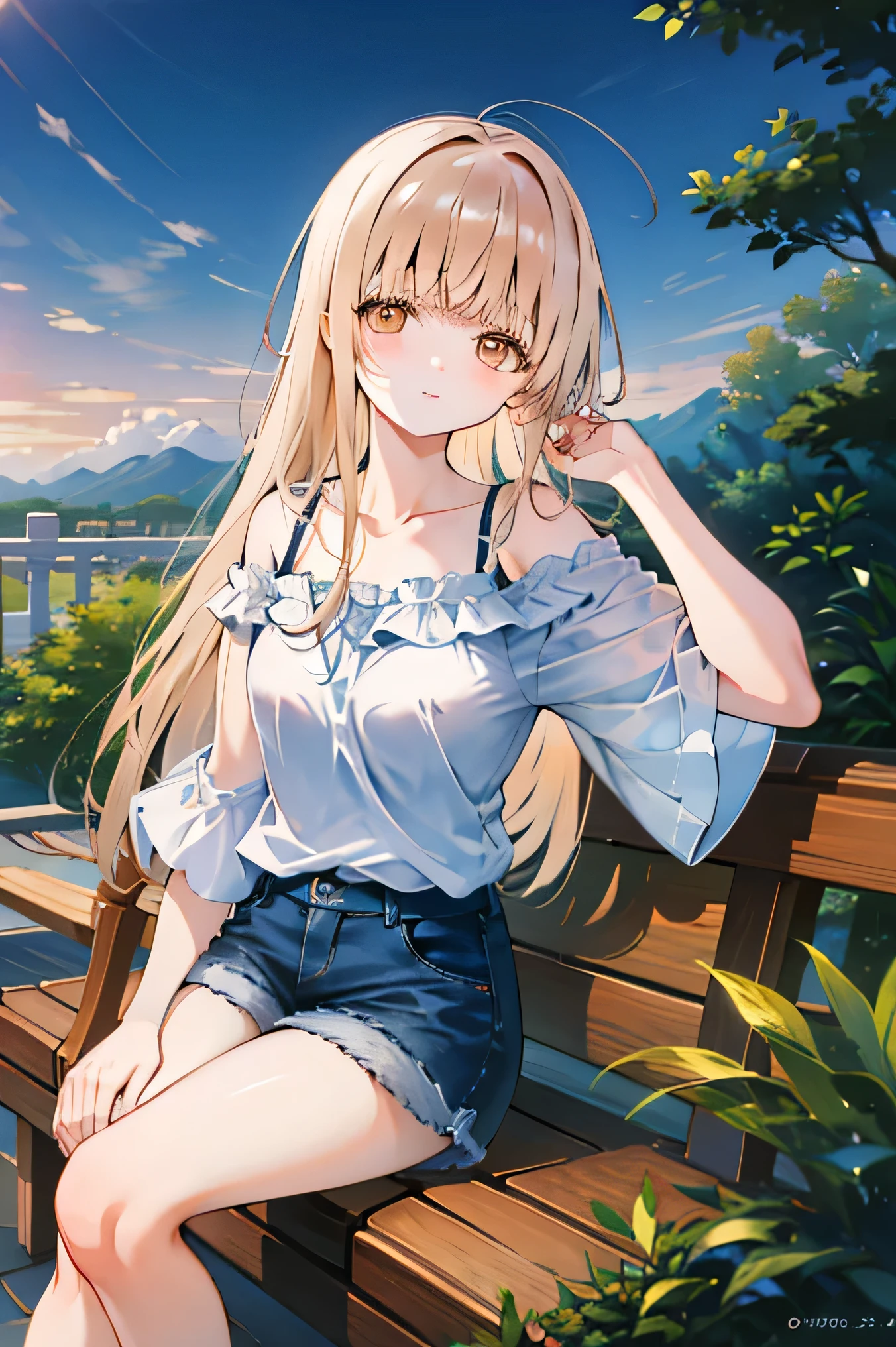 Best masterpiece, anime coloring, ultra-detail, 8k、((Sitting on the verandah))、summer, morning, sun、White off-shoulder jeans with shorts