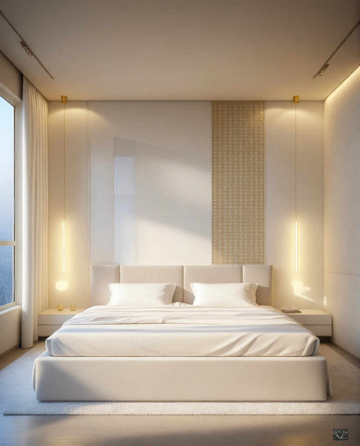 ,Masterpiece, Best quality,8K, Ultra-high resolution,When you step into the (bedroom : 1.1) ,Immediately surrounded by a rich atmosphere of luxury. The space was covered with a soft white fluffy blanket,It is so comfortable,So much so that you can't help but indulge in it。Embellished with precious porcelain and white-off gold ornaments。Whenever it is late afternoon,The afterglow from the window spilled on the floor,Soft light and shadow are reflected,It was as if entering a dreamland.