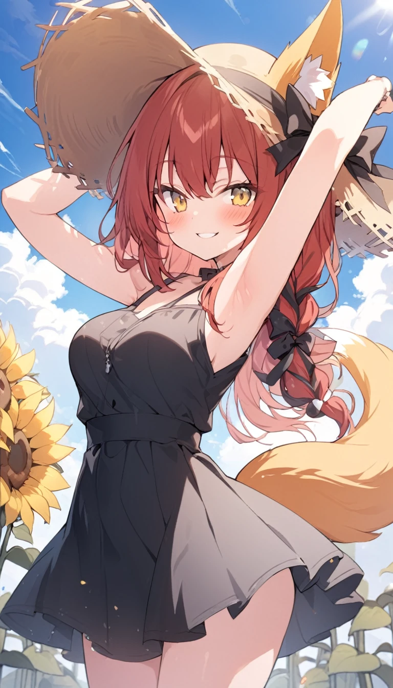 A girl in a dress with a hat is standing next to a sunflower, 1girl, armpit, solo, animal ears, tail, yellow eyes, sunflower, sleeveless, smile, hat, outdoors, straw hat, flower, fox ears, colored ingrown hair, looking at the viewer, long hair, breasts, red hair, multicolored hair, fox tail, blush