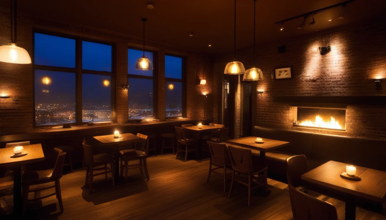 An atmospheric, coffee shop at night with multiple wooden tables illuminated by warm, soft lighting. The focal point is a large, captivating window in the center of the room showcasing the city view. Adjacent to the window, a crackling fireplace adds a cozy ambiance, casting a gentle glow throughout the space