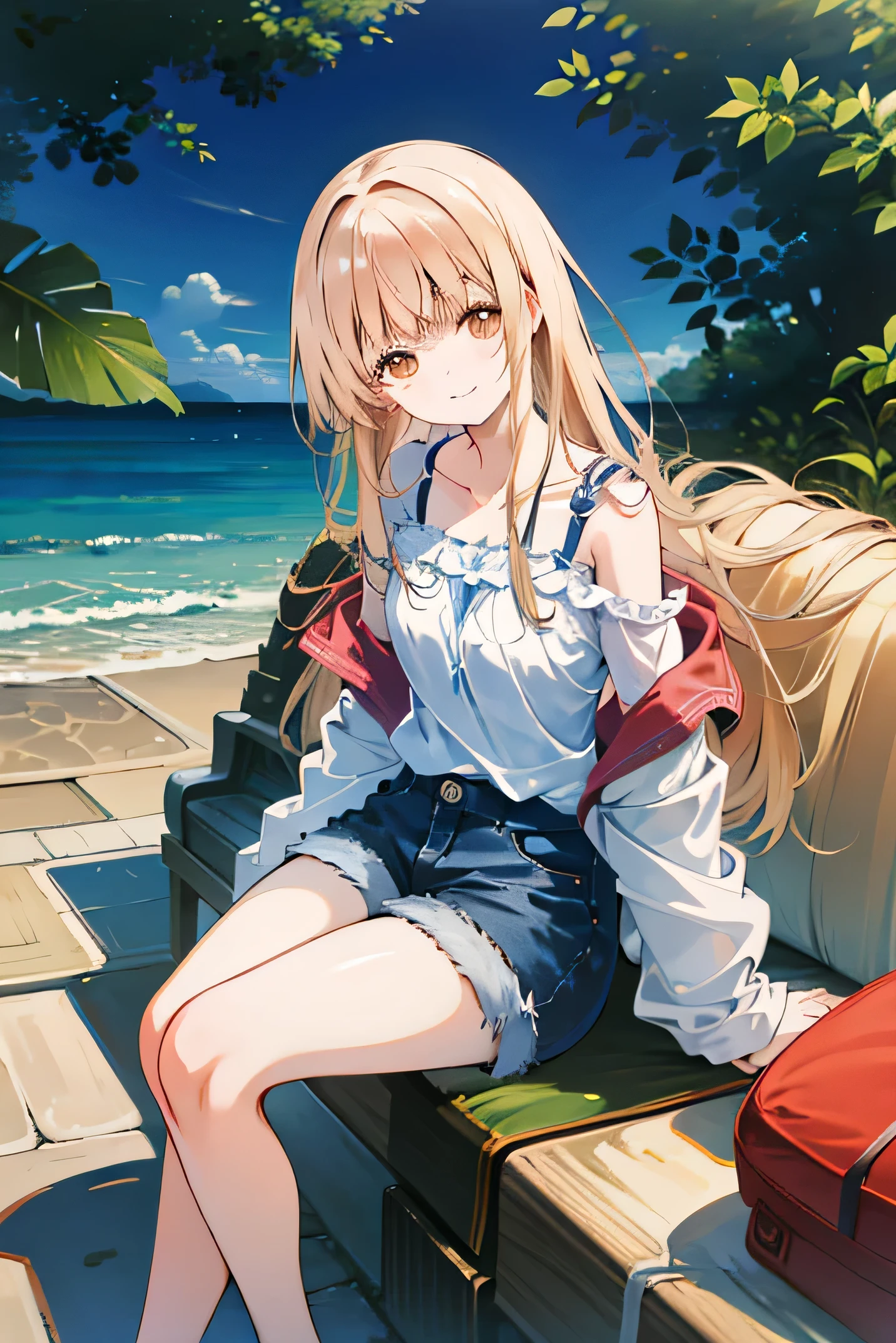 Best masterpiece, anime coloring, ultra-detail, 8k、((Sitting on the open corridor))、summer, morning, sun、White off-shoulder jeans with shorts、from below、looking down、smile